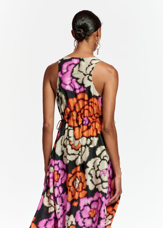 Black, orange and ecru silk dress with floral print