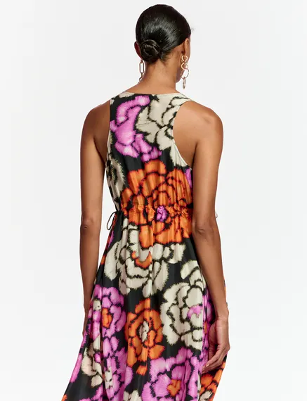 Black, orange and ecru silk dress with floral print