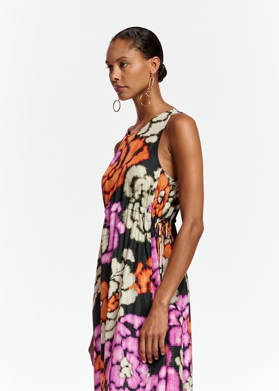 Black, orange and ecru silk dress with floral print