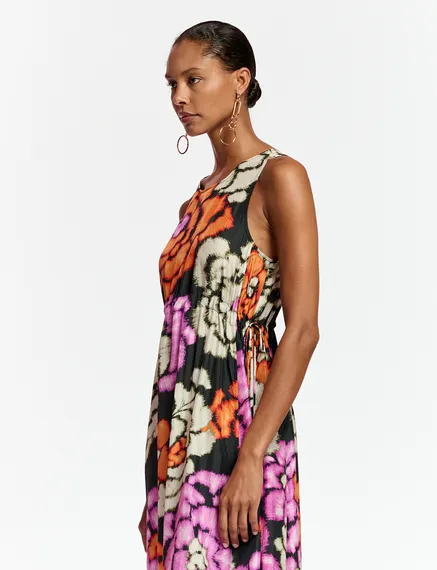 Black, orange and ecru silk dress with floral print