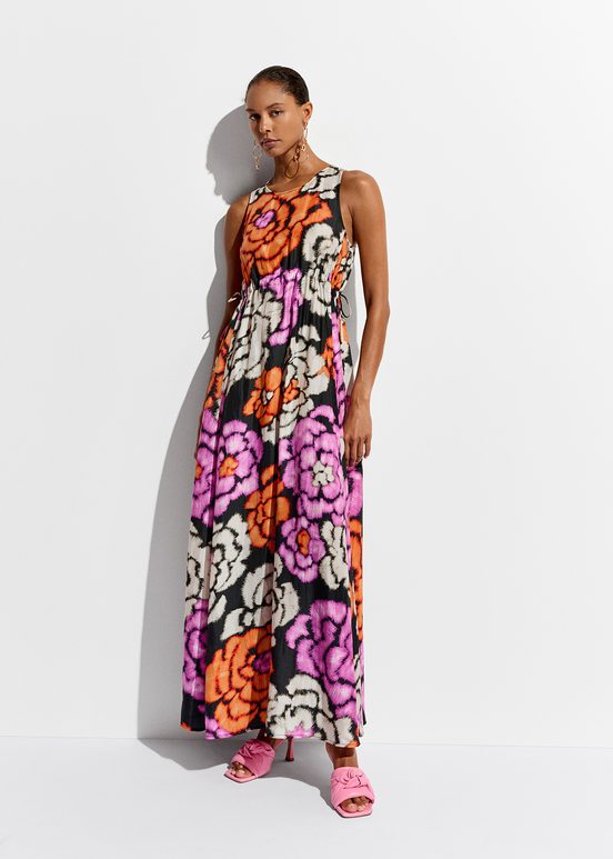 Black, orange and ecru silk dress with floral print