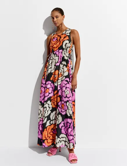 Black, orange and ecru silk dress with floral print