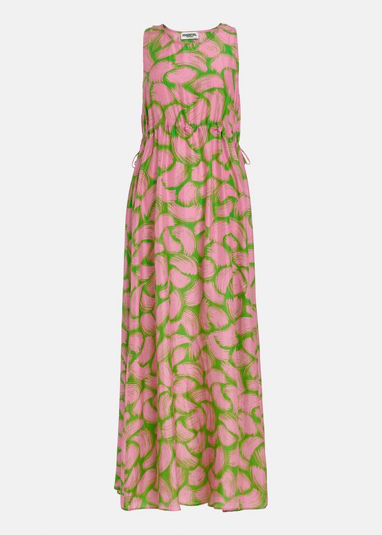 Green and light pink silk dress with abstract print