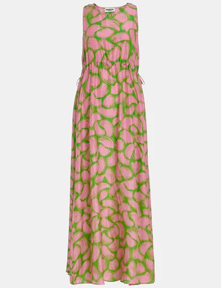 Green and light pink silk dress with abstract print