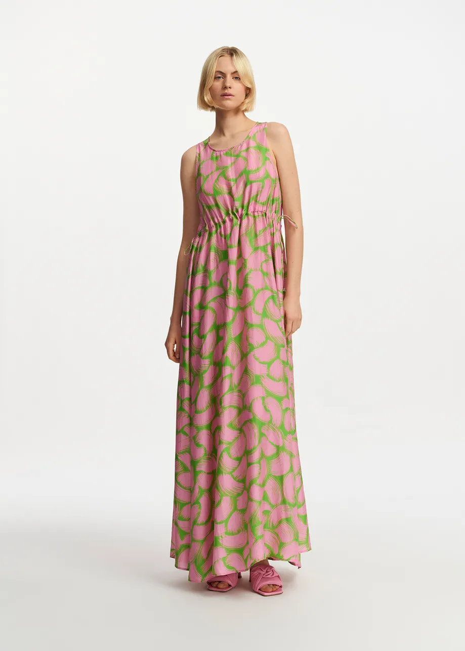 Green and light pink silk dress with abstract print