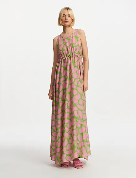 Green and light pink silk dress with abstract print