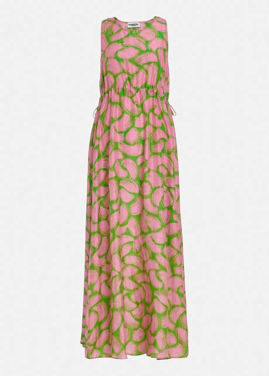 Green and light pink silk dress with abstract print