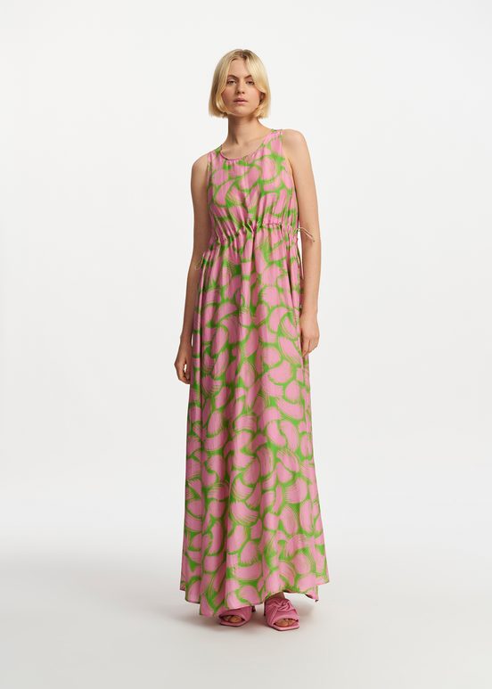 Green and light pink silk dress with abstract print