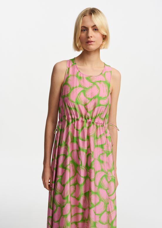 Green and light pink silk dress with abstract print