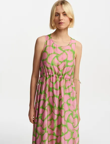 Green and light pink silk dress with abstract print