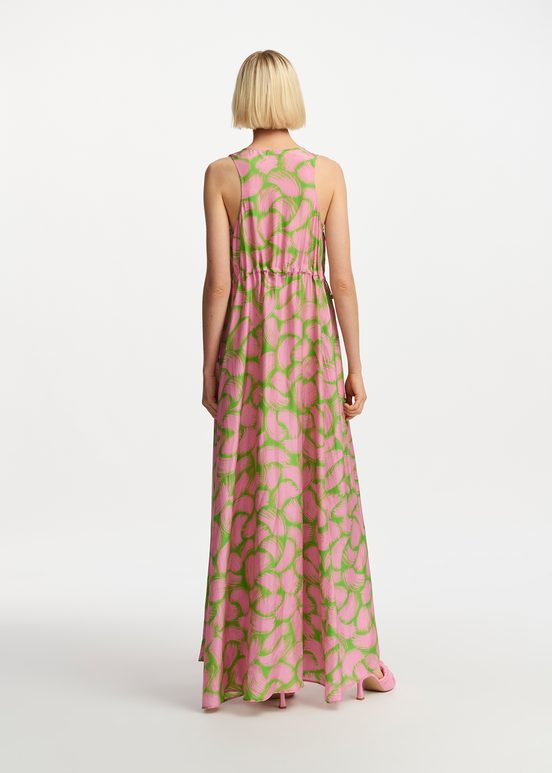 Green and light pink silk dress with abstract print