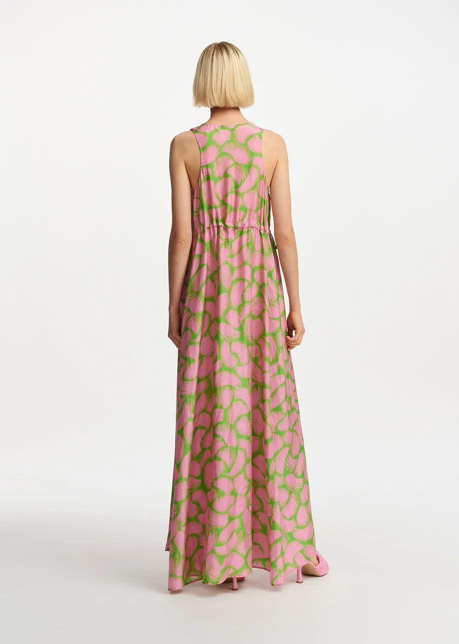 Green and light pink silk dress with abstract print
