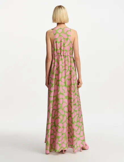 Green and light pink silk dress with abstract print