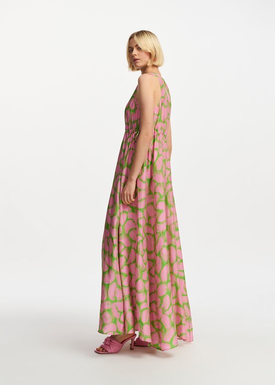 Green and light pink silk dress with abstract print