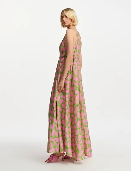 Green and light pink silk dress with abstract print