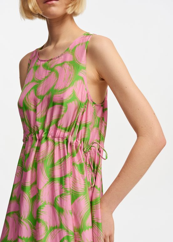 Green and light pink silk dress with abstract print