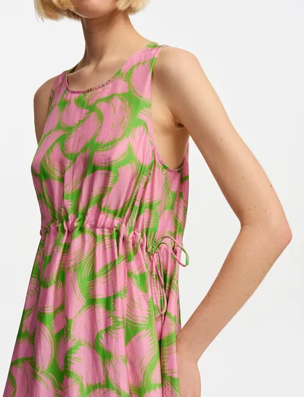 Green and light pink silk dress with abstract print