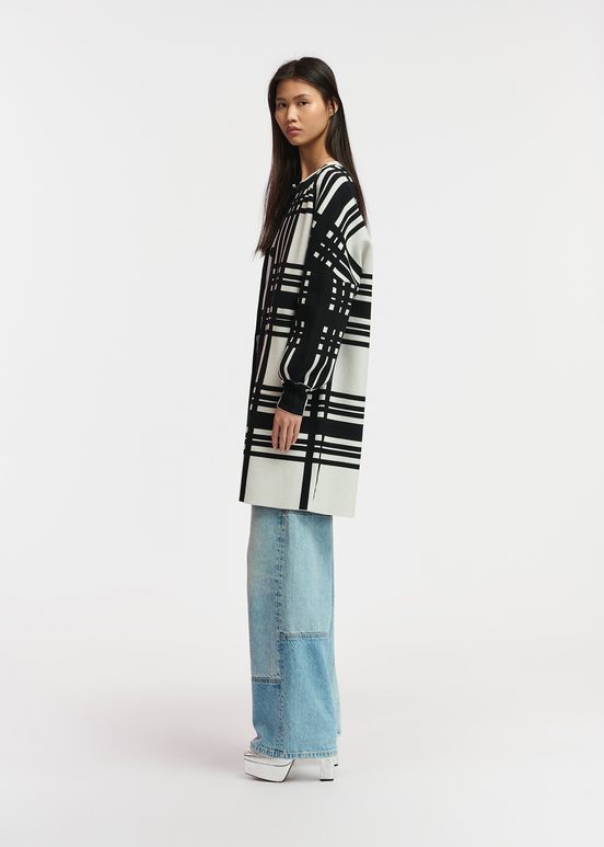 White and black checked midi-length cardigan