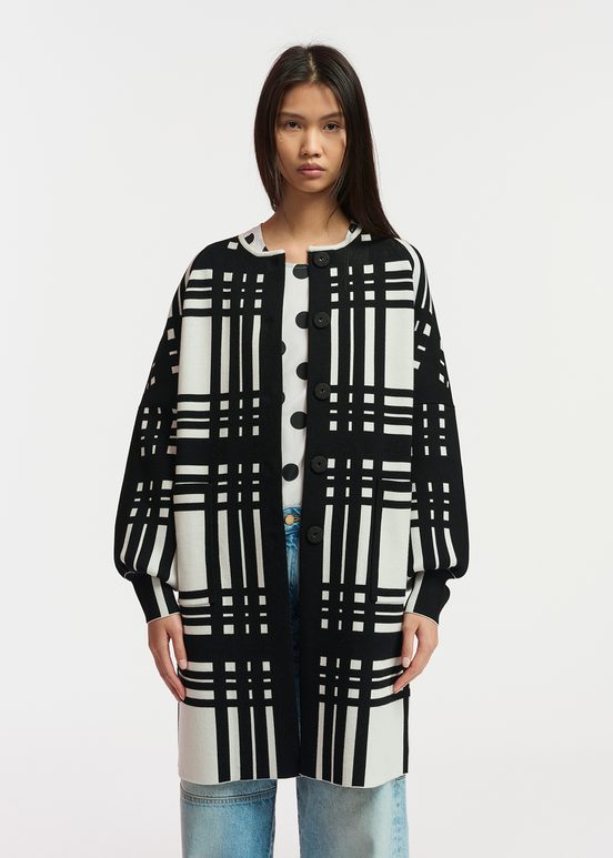 White and black checked midi-length cardigan