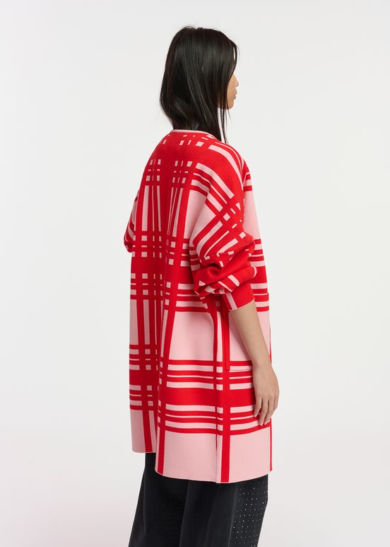 Light pink and red checked midi-length cardigan