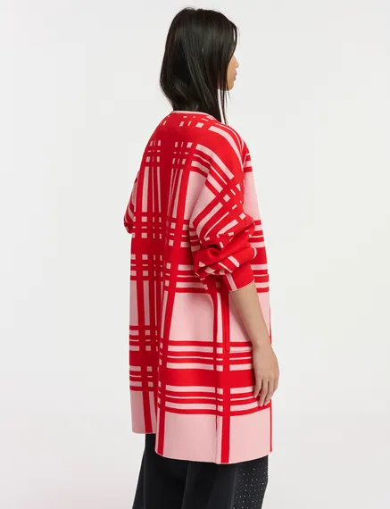 Light pink and red checked midi-length cardigan