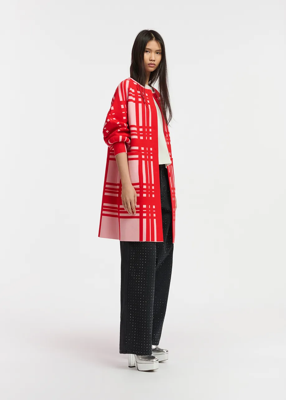 Light pink and red checked midi-length cardigan