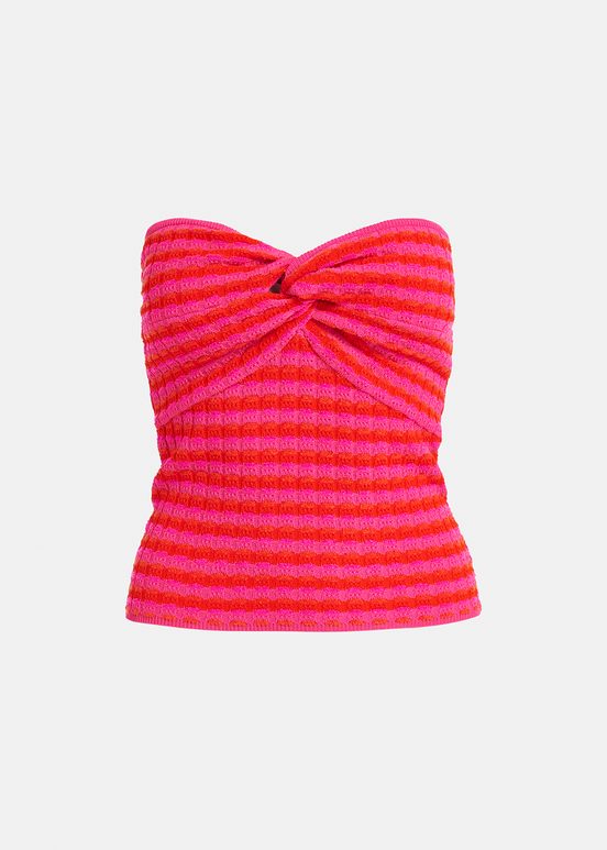 Top sans bretelles en tricot rayé rose et rouge