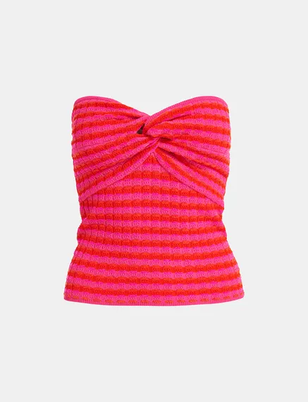 Top sans bretelles en tricot rayé rose et rouge