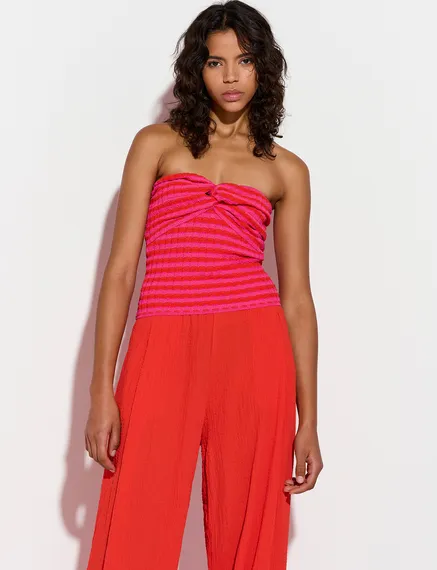 Roze en rood gestreepte strapless top