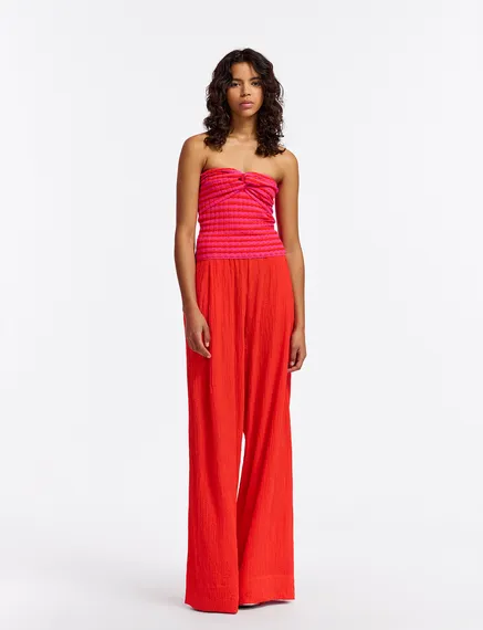 Roze en rood gestreepte strapless top