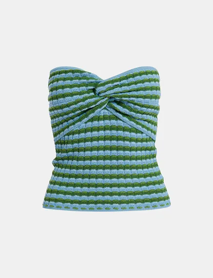 Top sans bretelles en tricot rayé bleu et vert