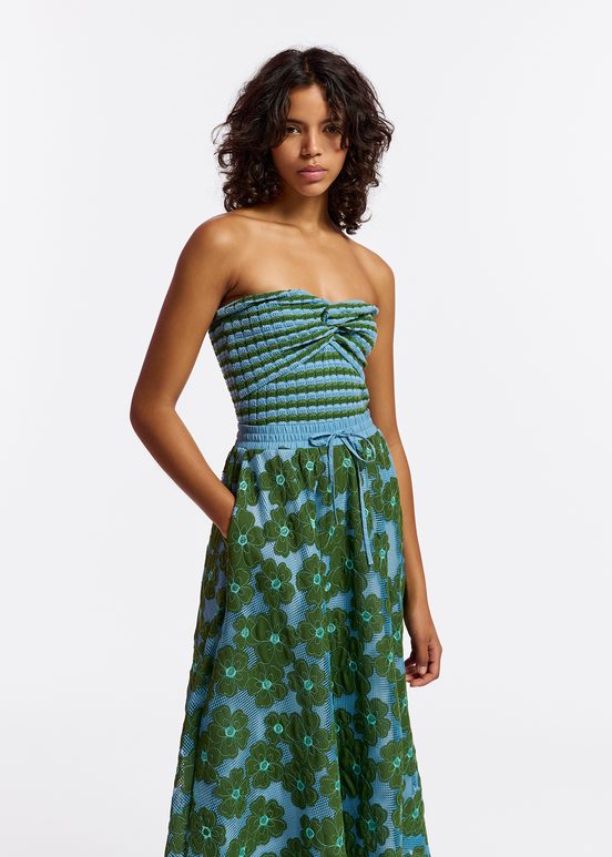 Blue and green striped knitted strapless top