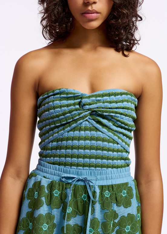 Blue and green striped knitted strapless top