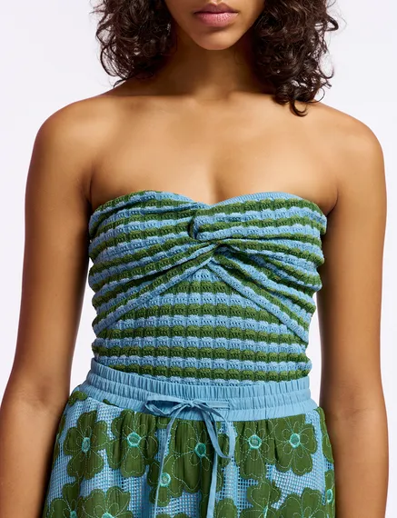 Blue and green striped knitted strapless top