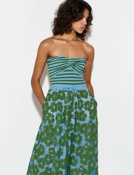 Blue and green striped knitted strapless top