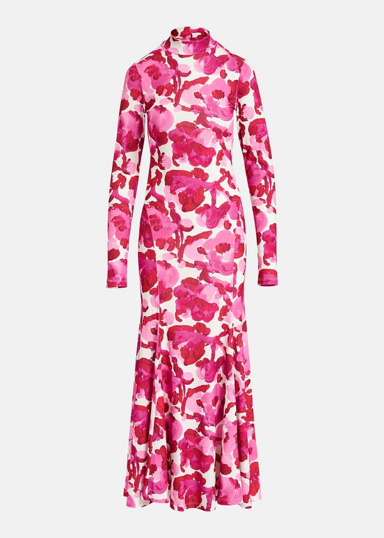 White and pink stretch-jersey maxi dress with floral print