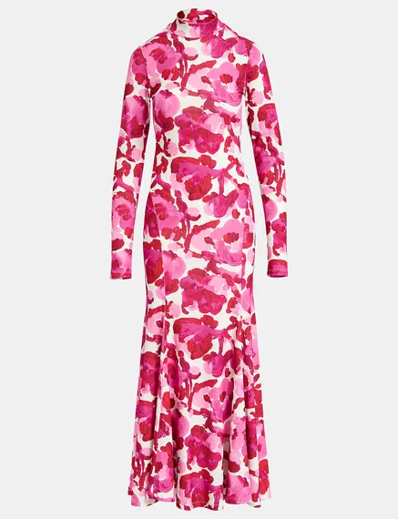 White and pink stretch-jersey maxi dress with floral print