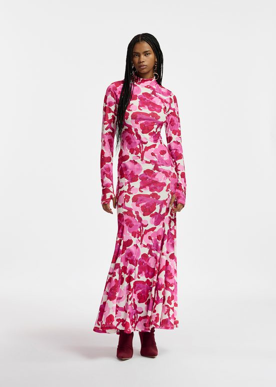 White and pink stretch-jersey maxi dress with floral print