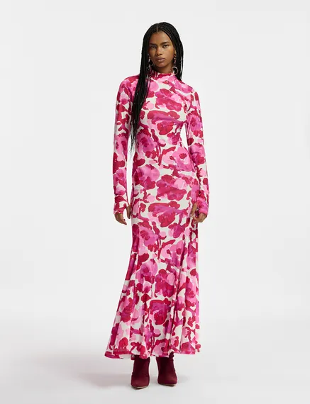 White and pink stretch-jersey maxi dress with floral print