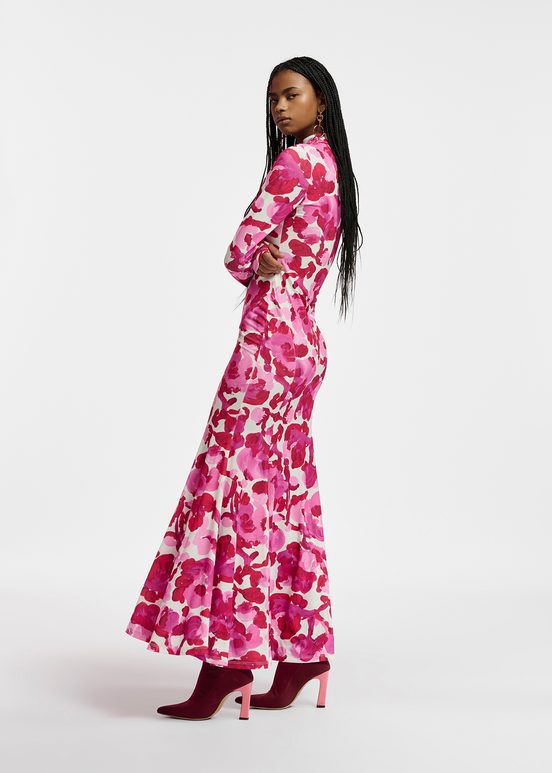 White and pink stretch-jersey maxi dress with floral print