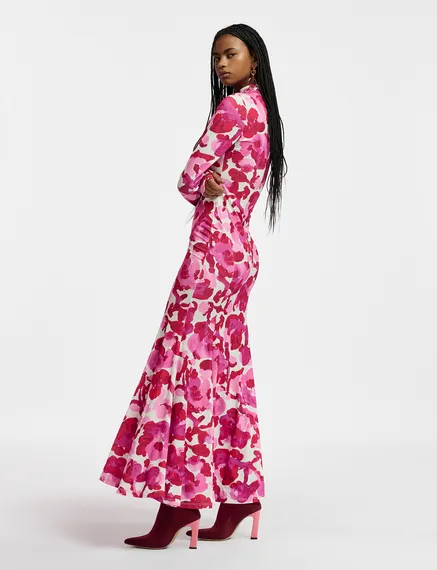 Witte en roze jersey maxi-jurk met bloemenprint