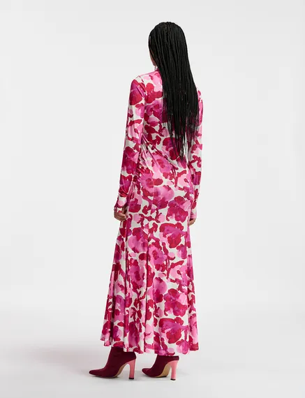 White and pink stretch-jersey maxi dress with floral print