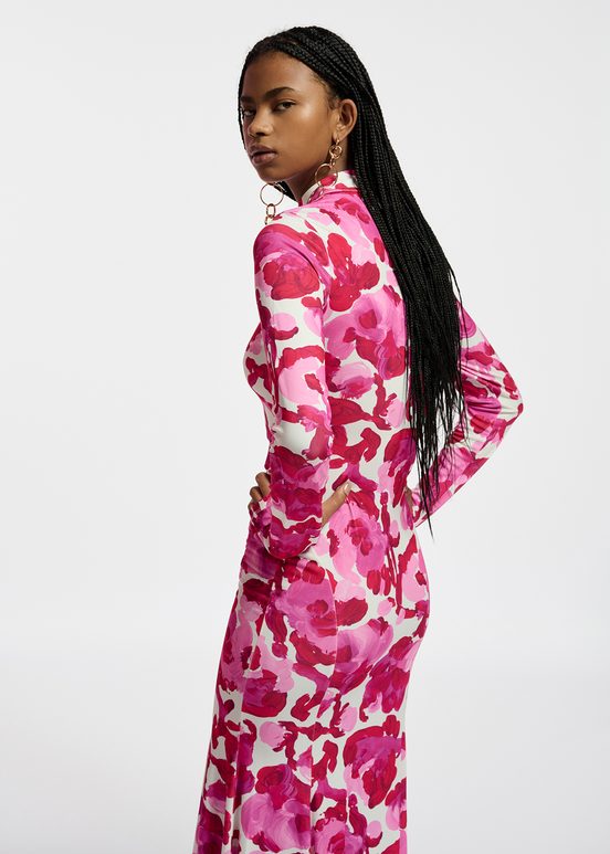 Witte en roze jersey maxi-jurk met bloemenprint