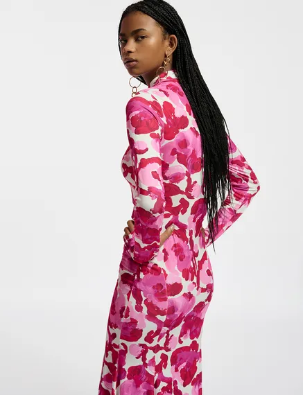 Witte en roze jersey maxi-jurk met bloemenprint