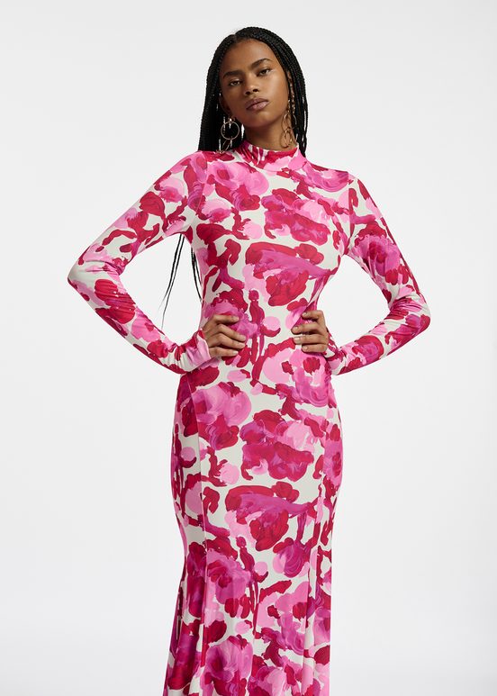 White and pink stretch-jersey maxi dress with floral print