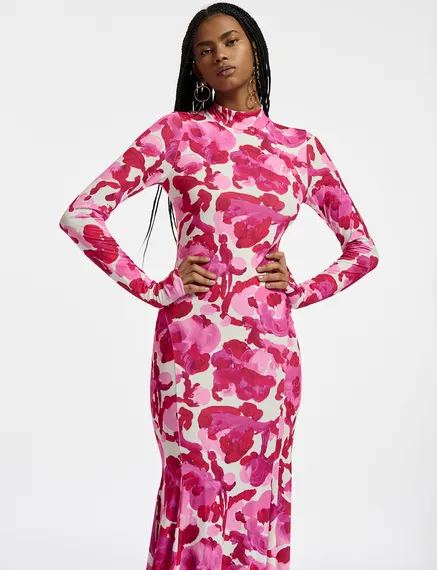 White and pink stretch-jersey maxi dress with floral print