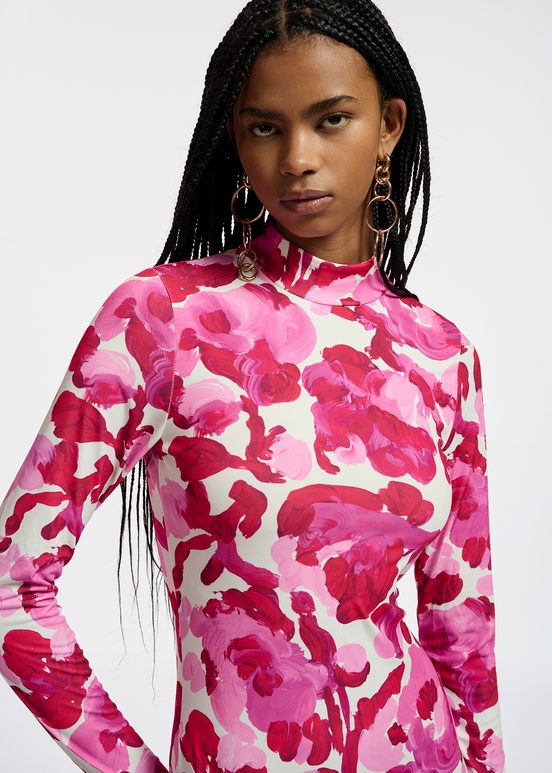 Witte en roze jersey maxi-jurk met bloemenprint