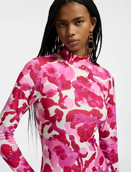 Witte en roze jersey maxi-jurk met bloemenprint