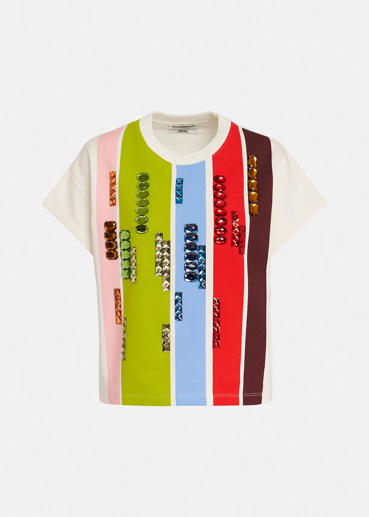 Multicolor striped short-sleeved sweatshirt with rhinestone embellishments | Essentiel Antwerp United States