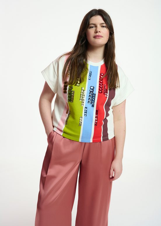 Multicolor striped short-sleeved sweatshirt with rhinestone embellishments